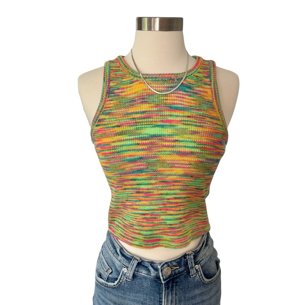 Neon retro knit cotton blend tank multicolor rainbow crewneck S